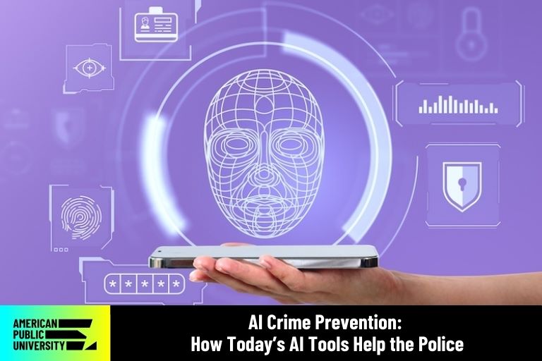 AI-in-crime-prevention hand holding mobile phone with AI icons in background
