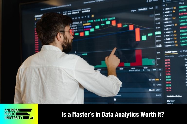 data analytics student accessing data on monitor