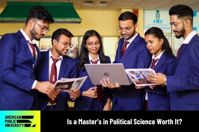 is-a-masters-in-political-science-worth-it master's in political science students looking at laptop