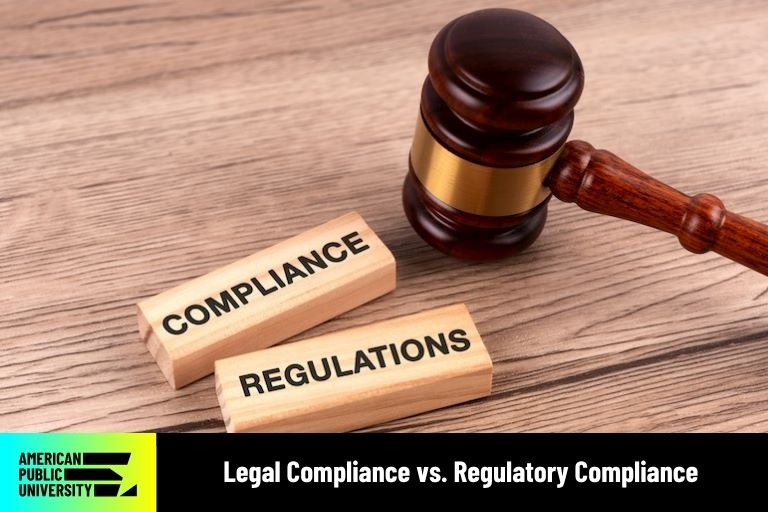 legal compliance vs. regulatory compliance written on wooden blocks near gavel