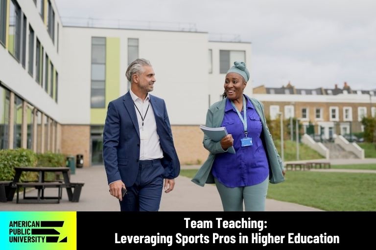 team-teaching teachers walking on campus and talking