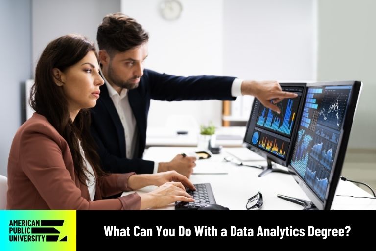 data analytics degree professionals looking at computer