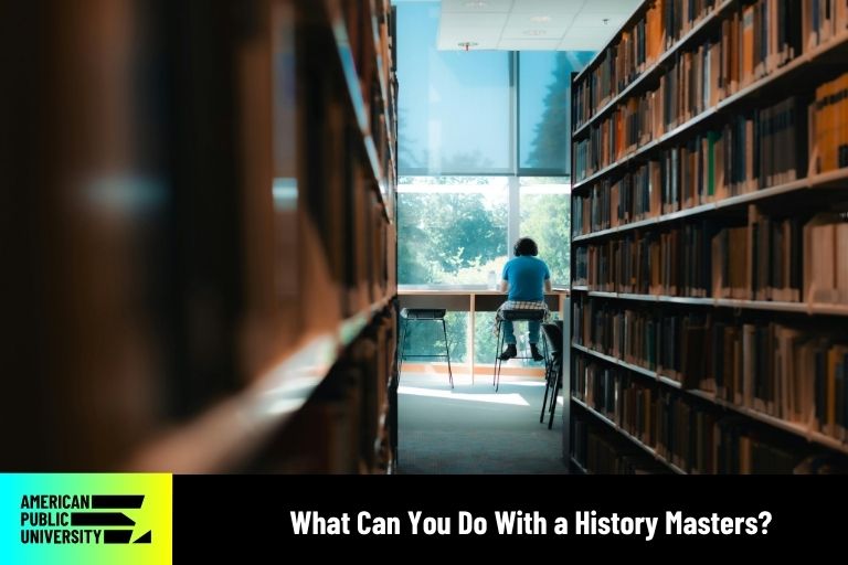 military history masters student studying in library